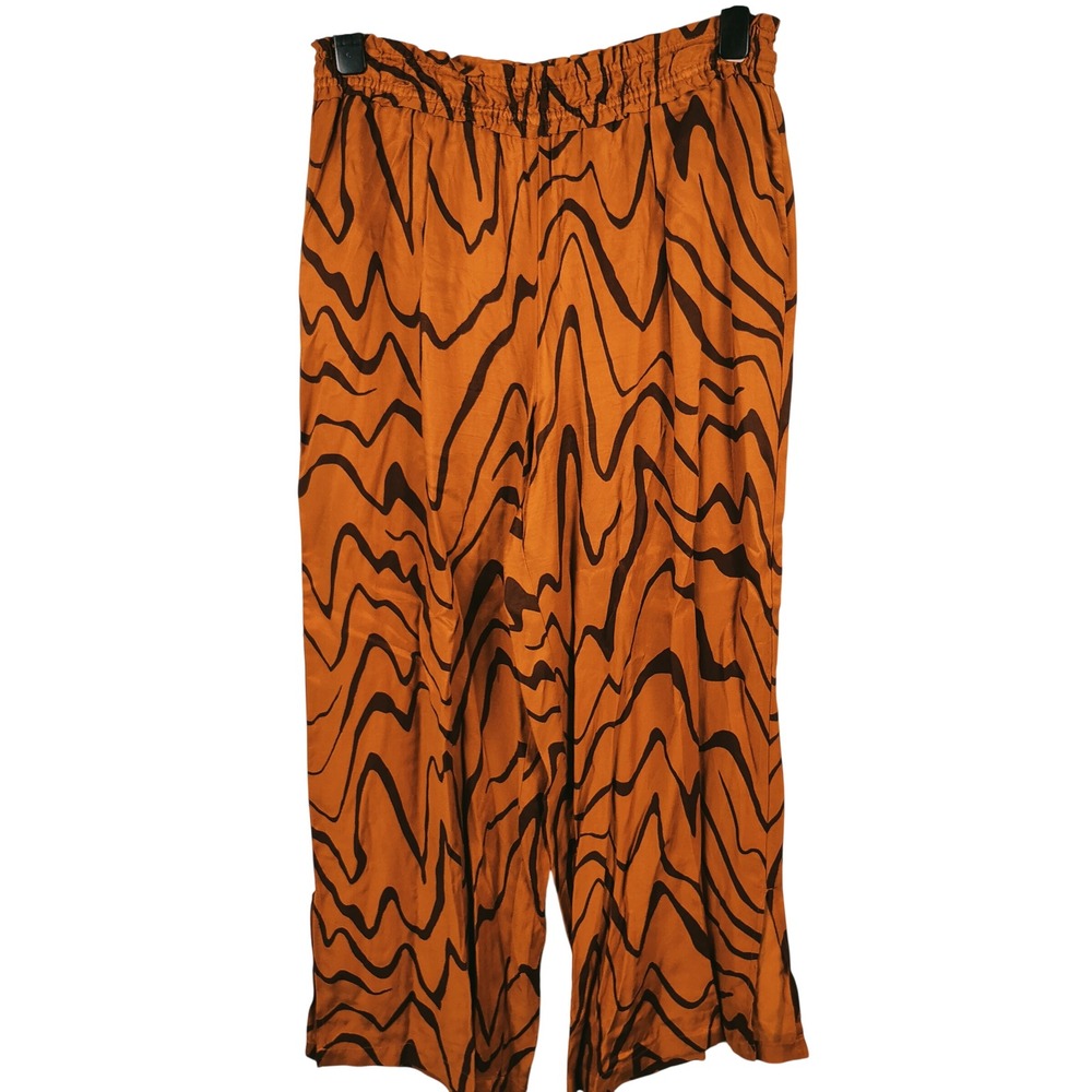 Anthropologie Womens XL Wide Leg Pants Orange Brown Abstract Wave Boho Eclectic